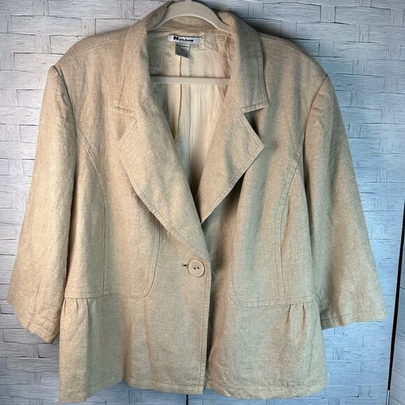 Nygard linen nylon blend blazer one button tan gold 3/4 sleeve ruffle plus size - Picture 1 of 9